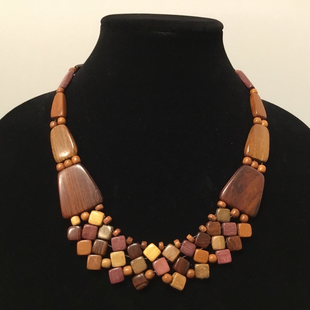 Multicolored Geometric Wooden Beaded Necklace